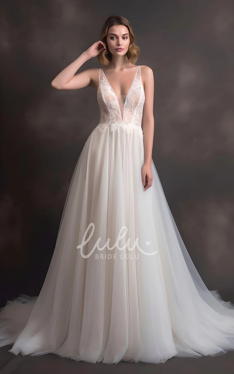 Romantic Tulle Wedding Dress 2025 A-Line Sleeveless Plunging Neckline V-Back Court Train