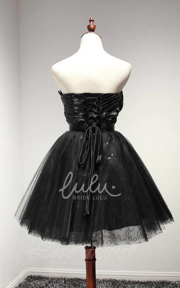 Cute A-Line Short Sweetheart Lace-Up Homecoming Dress Strapless Sleeveless Tulle Mini Junior Prom Dress