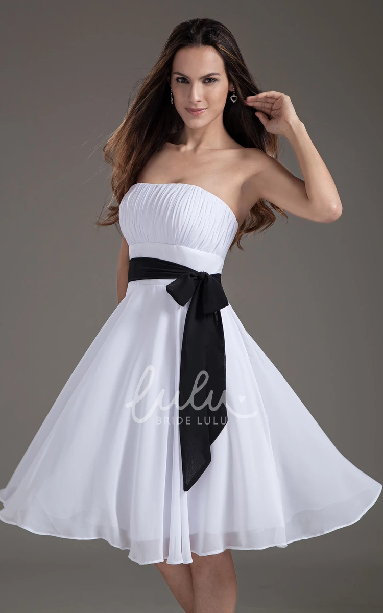 Strapless Chiffon Bridesmaid Dress with Bow and Sash Casual Knee-Length Dress