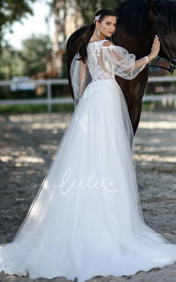 Ethereal V-neck Tulle Long Sleeve Wedding Dress With Appliques A-line