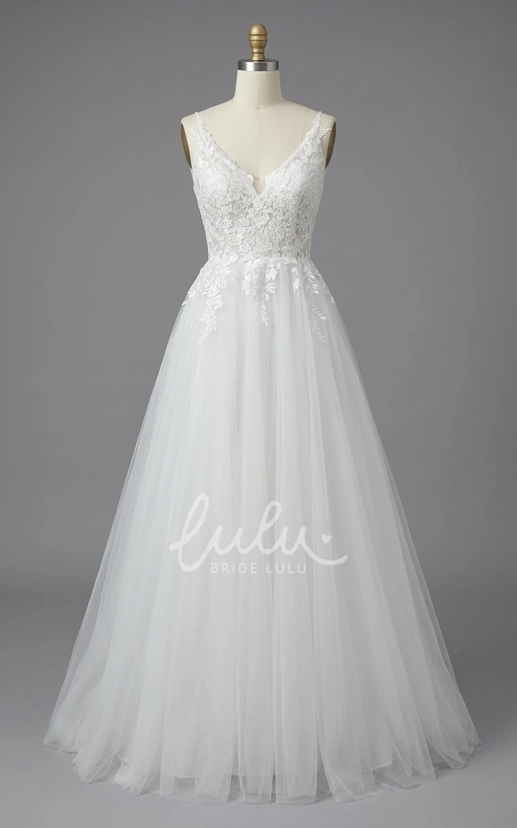 Country Sleeveless Lace A-Line Wedding Dress Spaghetti Deep V-Neck Elopement Bridal Gown
