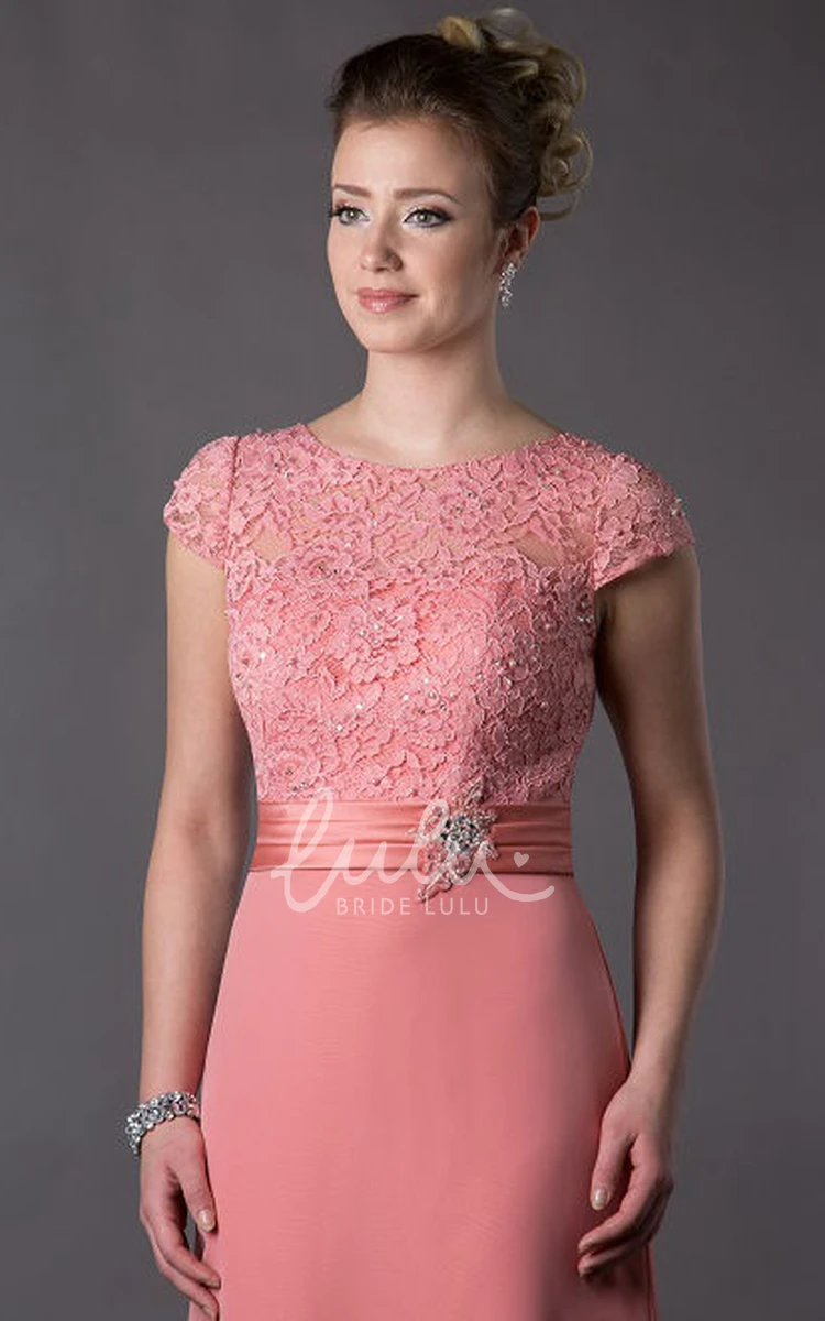 Long Mother of the Bride Dress with Cap Sleeve Lace Top and Crystal-Pearl Waist