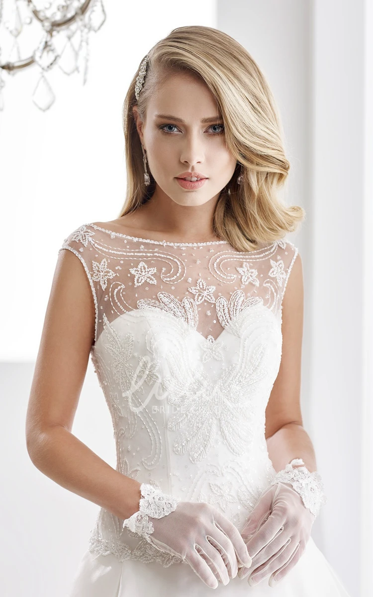 Lace Bodice Illusive Design A-Line Wedding Dress with Cap Sleeves