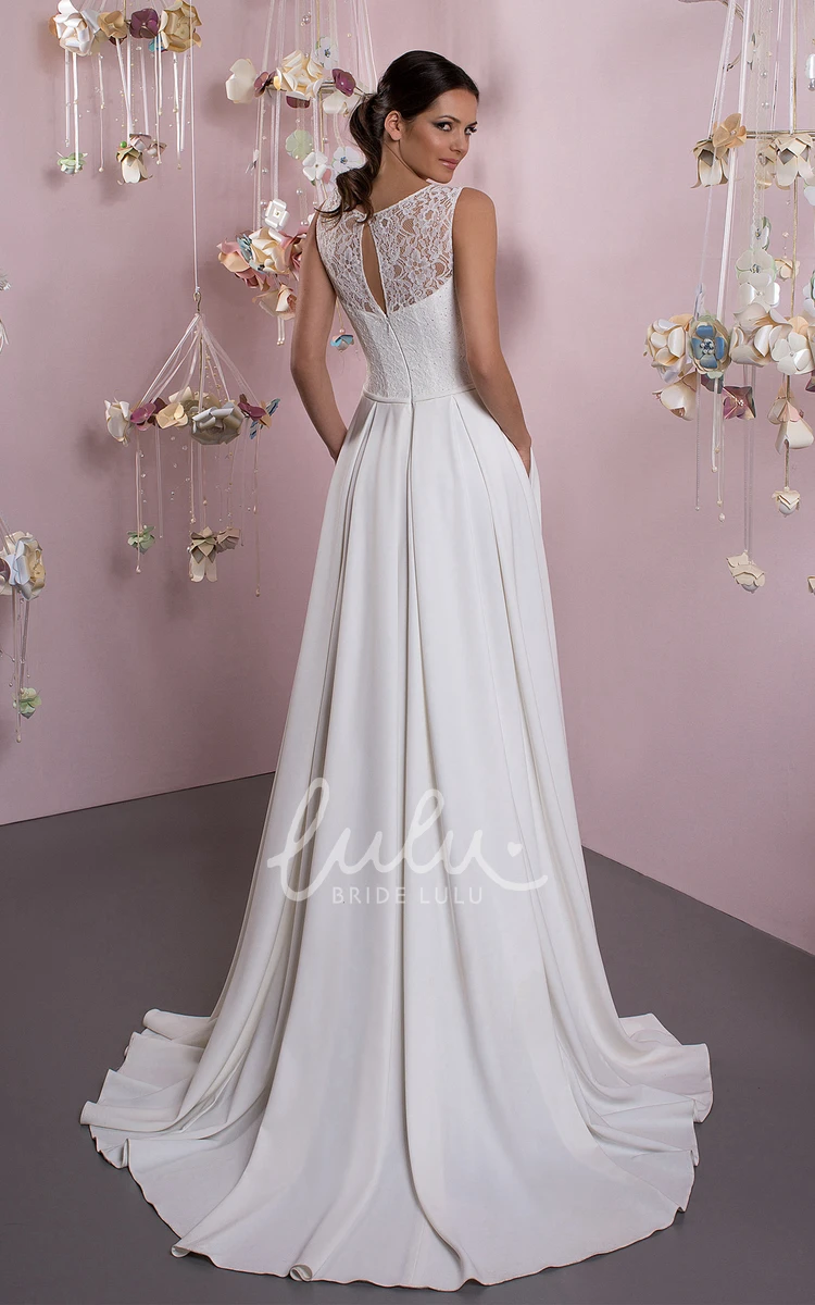 Chiffon and Lace Sheath Wedding Dress with Illusion Back Modern Bridal Gown