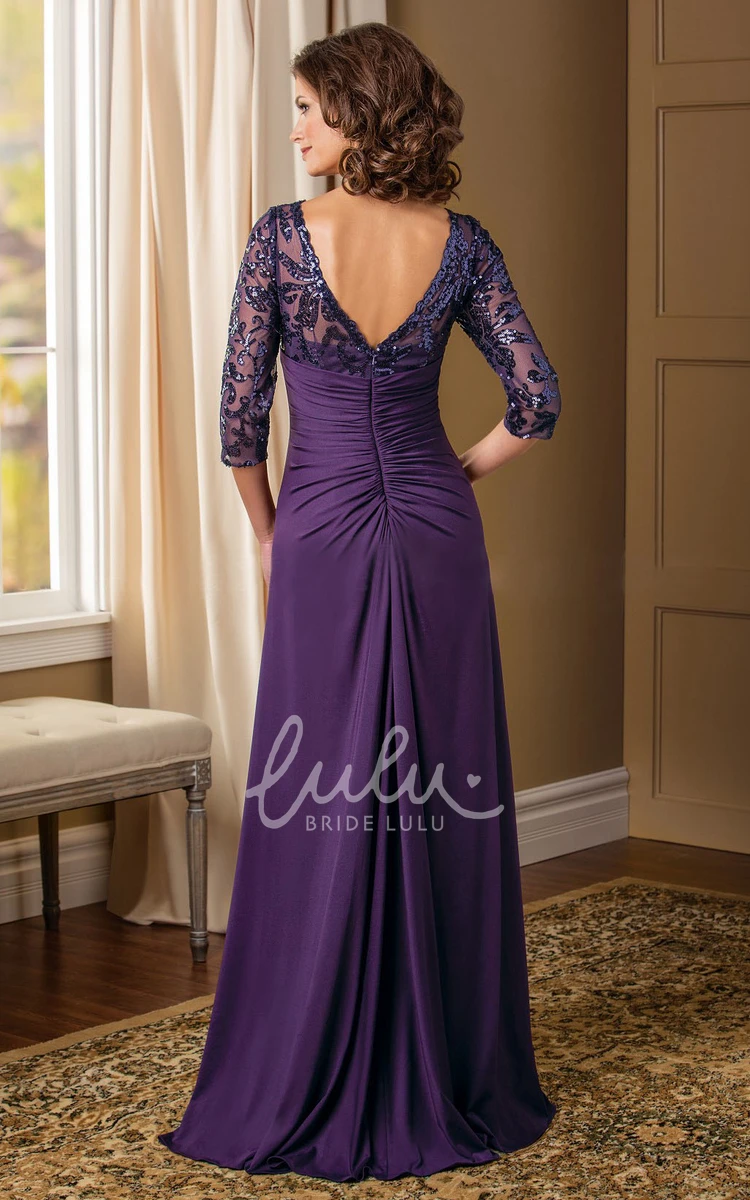 Sequined V-Back Mother of the Bride Dress with 3/4 Sleeves and V-Neck