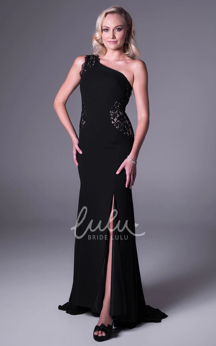 One-Shoulder Lace Chiffon Prom Dress with Sweep Train Elegant Long Prom Dress