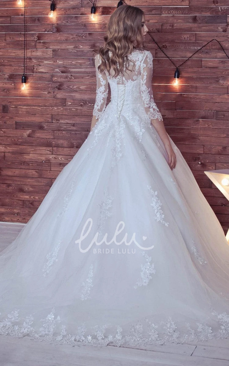 Long Sleeve Lace Tulle Ball Gown Wedding Dress