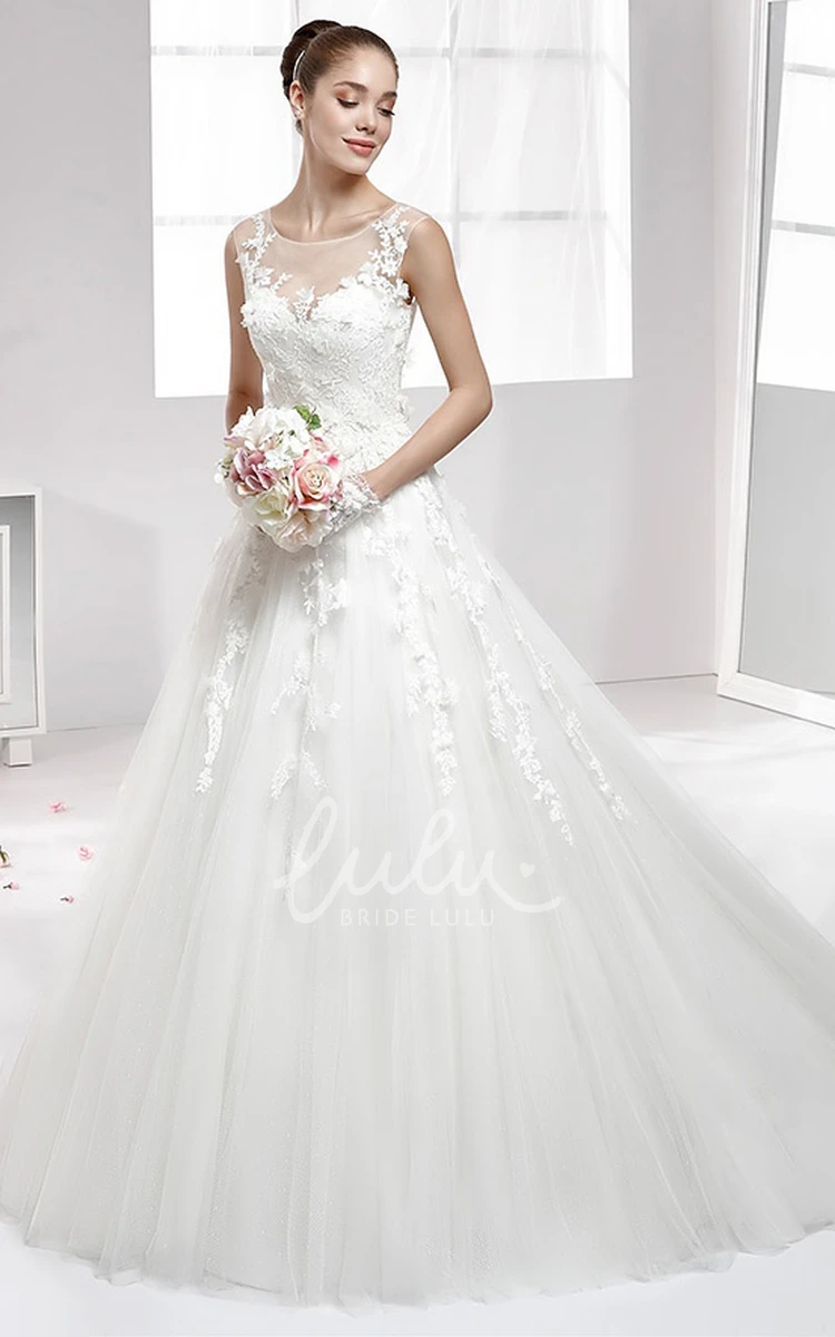 A-Line Wedding Gown with Jewel-Neck and Illusive Lace Appliques