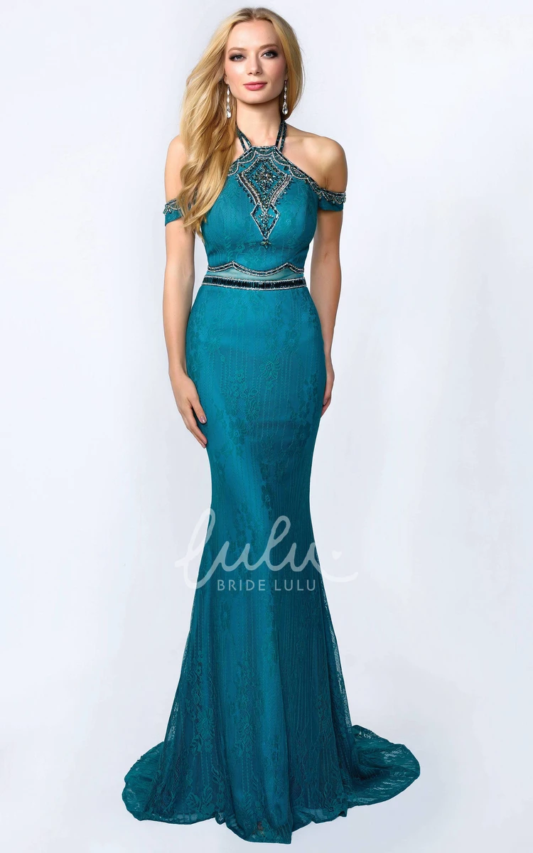 Halter Lace Bridesmaid Dress with Beading and Backless Design