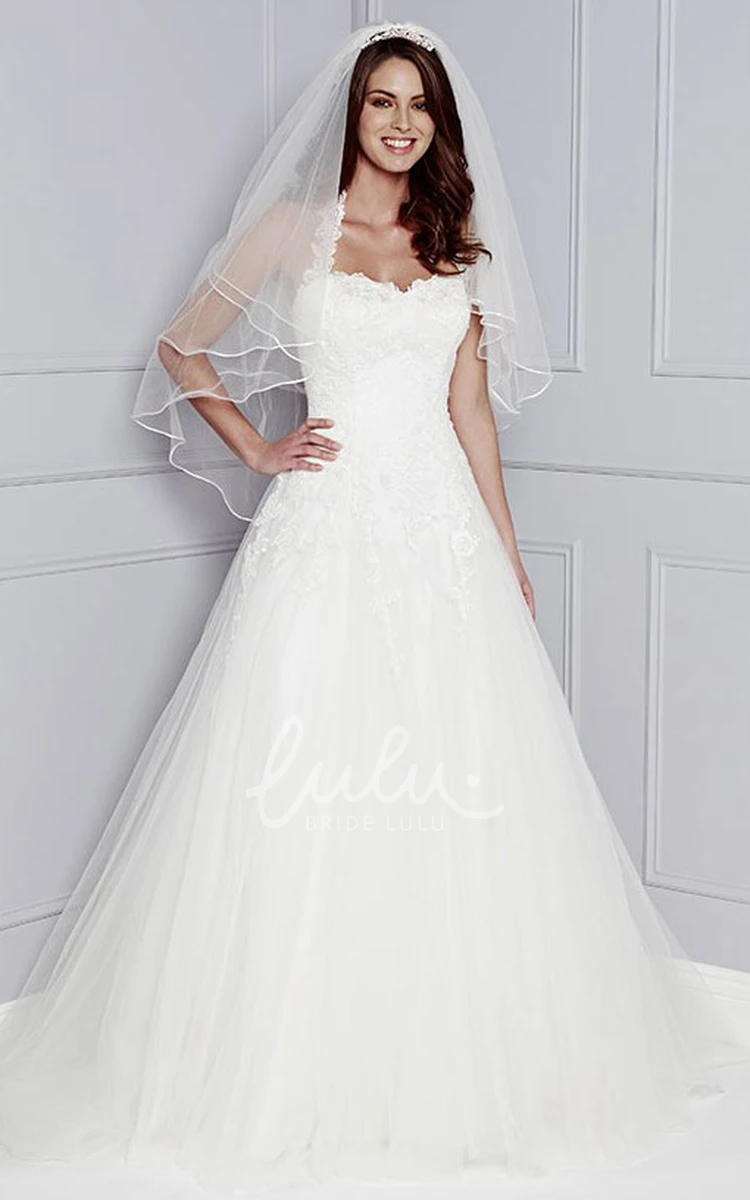 Sleeveless Strapped A-Line Tulle Wedding Dress with Appliques and Long Length