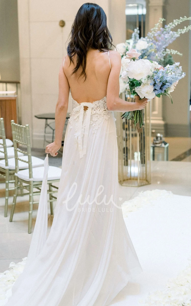 Bohemian Lace A-Line Wedding Dress with Spaghetti Straps Open Back and Front Split Flowy and Chic
