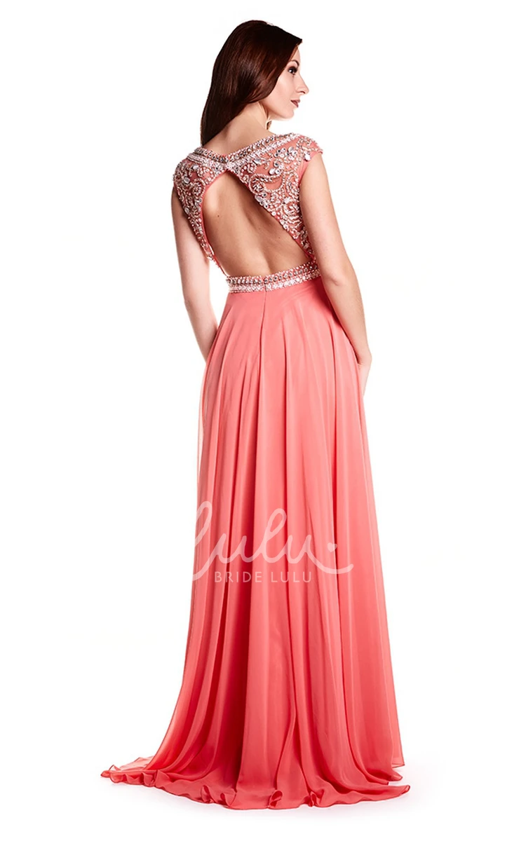 Crystal Cap Sleeve Chiffon Prom Dress with Keyhole Unique Prom Dress