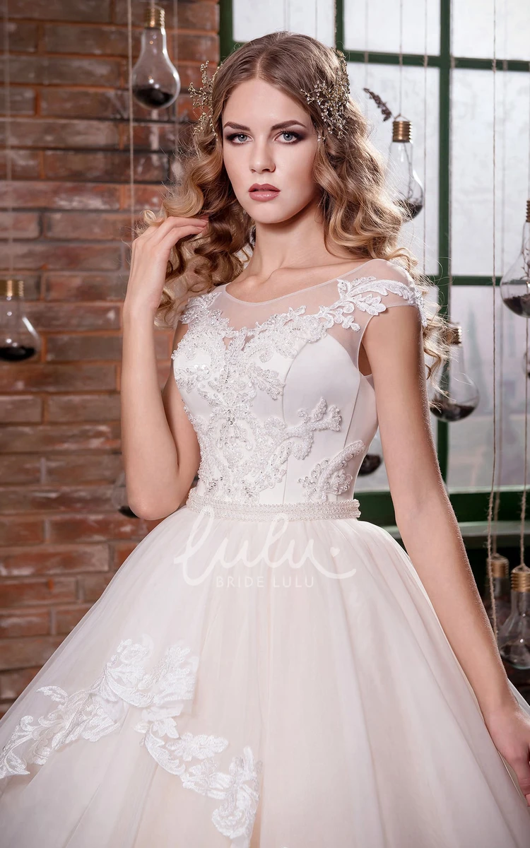 Ball Gown Illusion Tulle Dress With Appliques and Draping for Brides