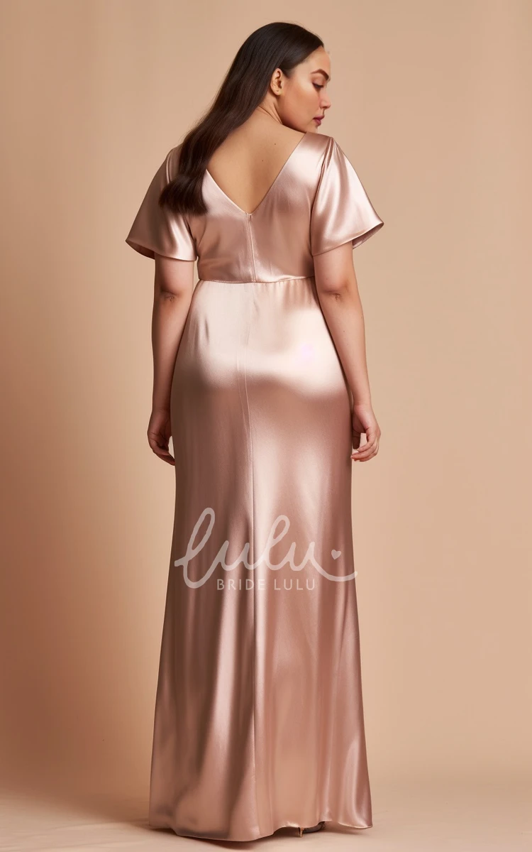 Plus Size Satin Bridesmaid Dress 2024 Sheath Short Sleeve Floor-length