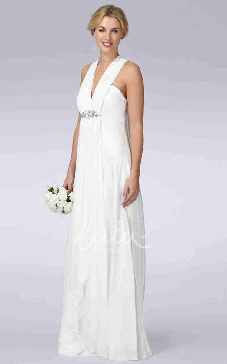 Pleated V-Neck Sheath Chiffon Wedding Dress with Broach Simple Bridal Gown