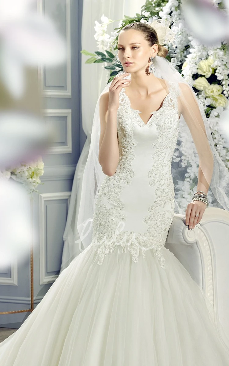 Mermaid V-Neck Lace&Tulle Wedding Dress with Appliques and Illusion Back