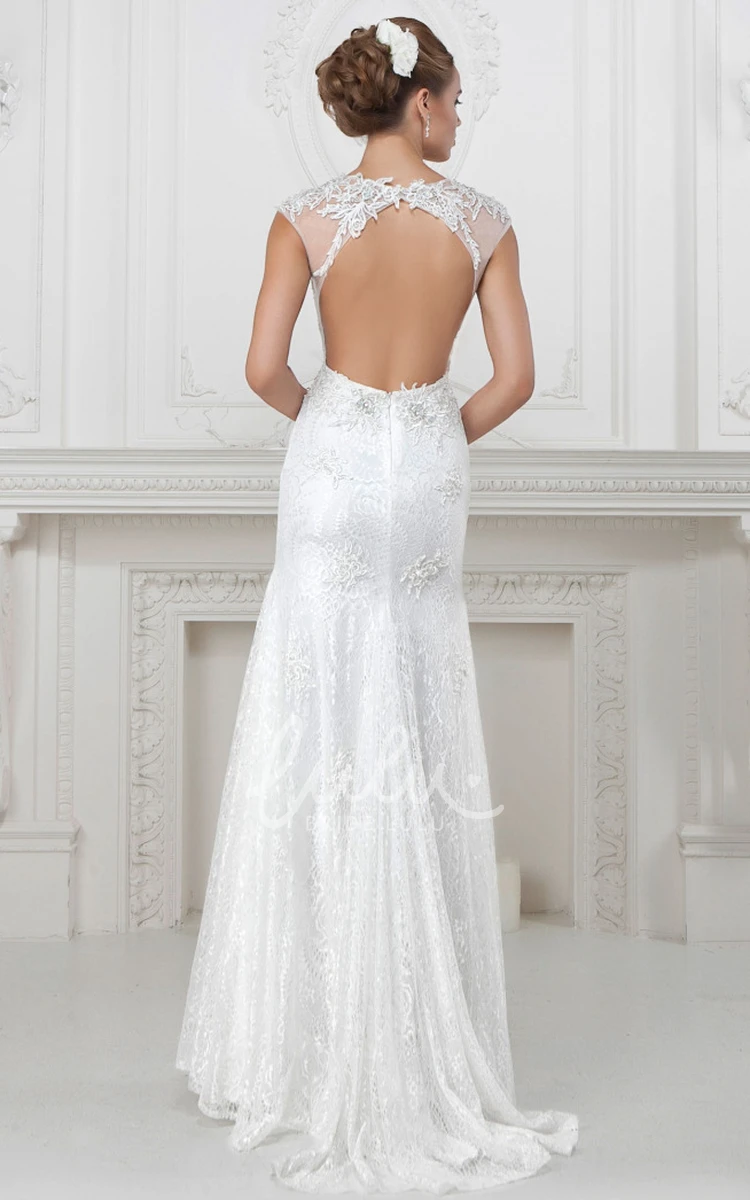 Cap-Sleeve Jewel-Neck Appliqued Lace Sheath Wedding Dress Unique Bridal Gown