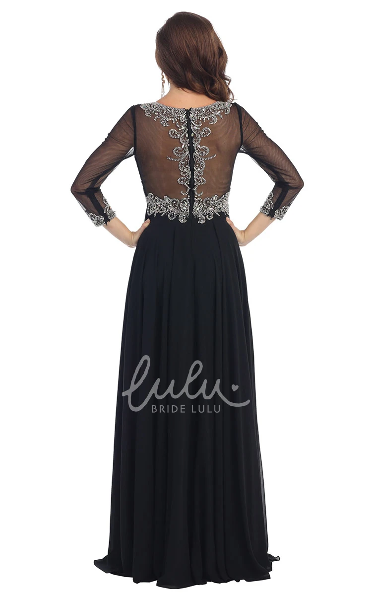 Long Sleeve Chiffon Formal Dress with Beading and Criss Cross Detail