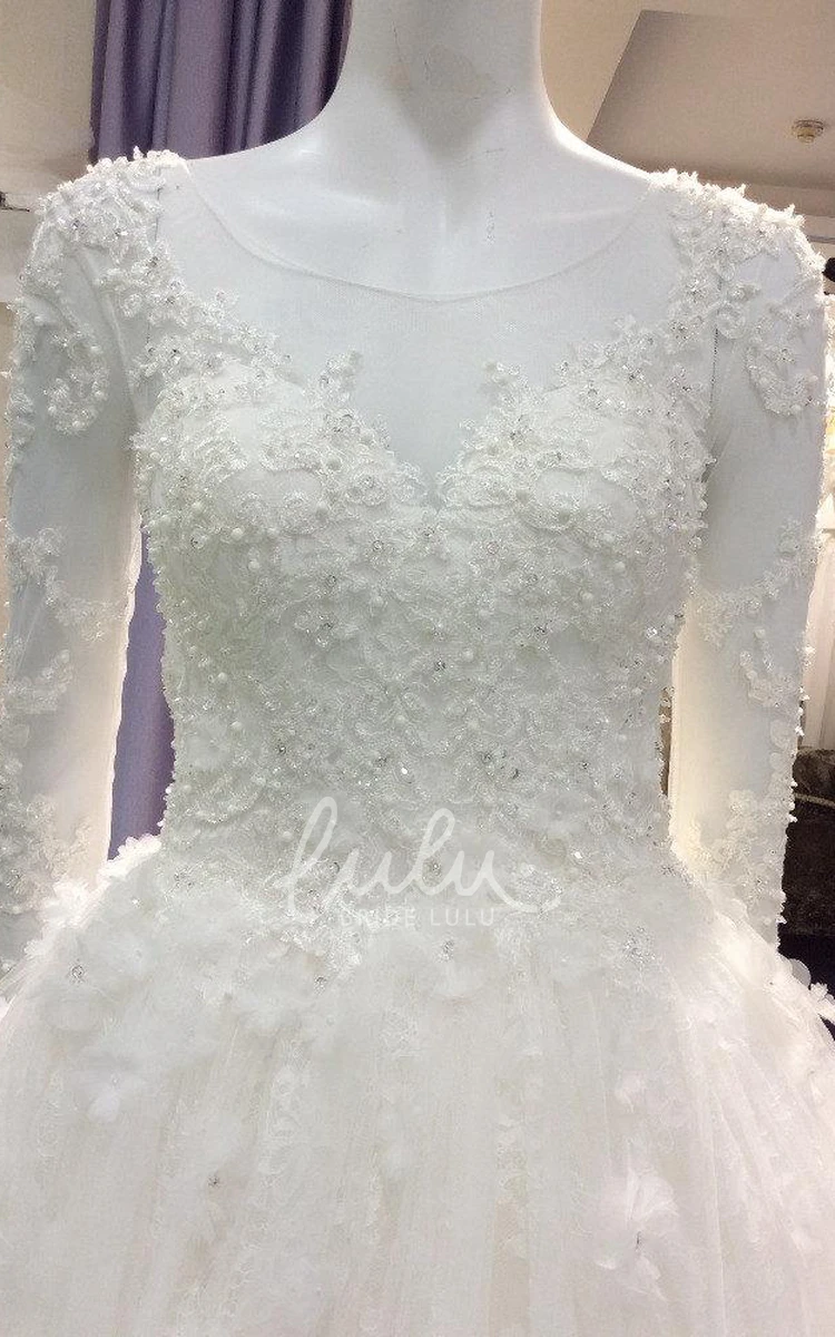 Lace Bridal Gown with Long Sleeves and Cathedral Train Romantic Style