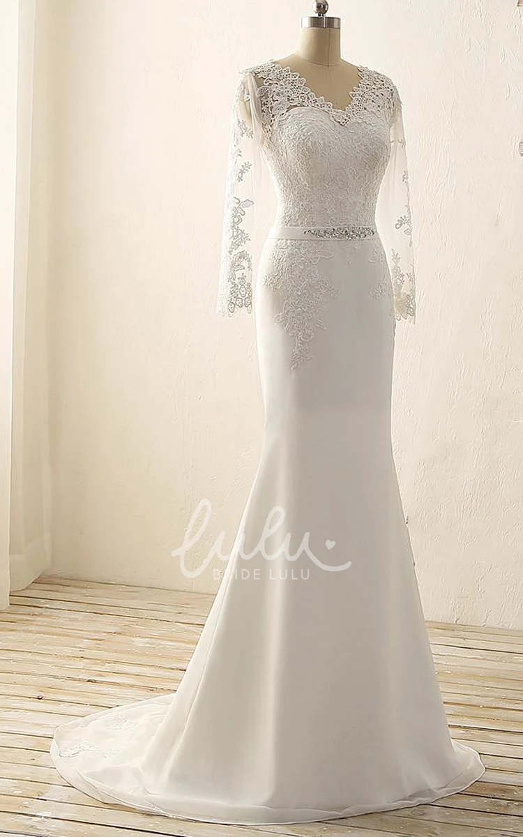 Lace Satin V-Neck Maxi Dress with Beading and Long Sleeves
