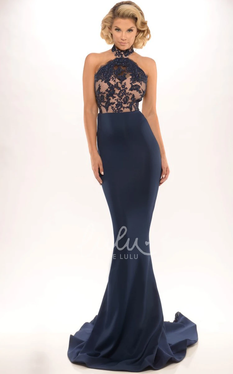 Long Lace Sleeveless Sheath Prom Dress with Backless Style and Brush Train Classy Bridesmaid Dress