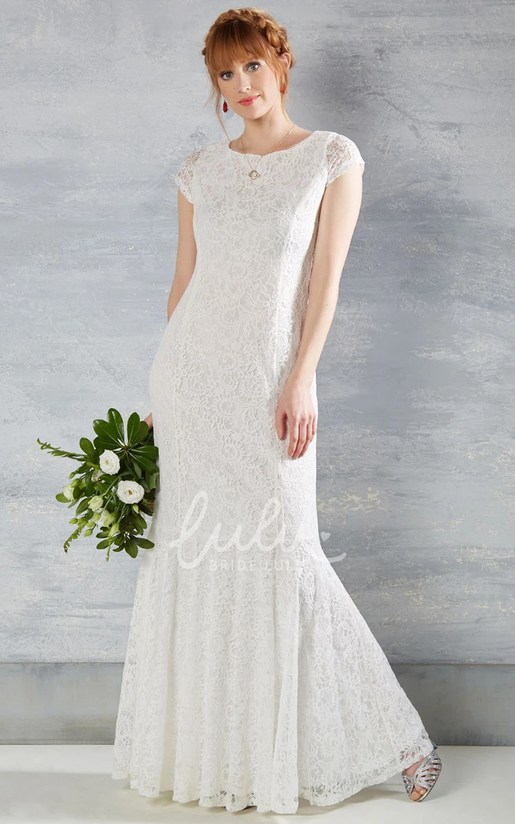 Lace Scoop-Neck Cap-Sleeve Trumpet Wedding Dress with Zipper Modern Bridal Gown