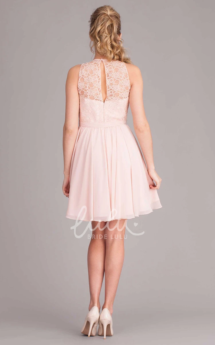 Mini Lace Chiffon Bridesmaid Dress with Sleeveless Scoop Neck