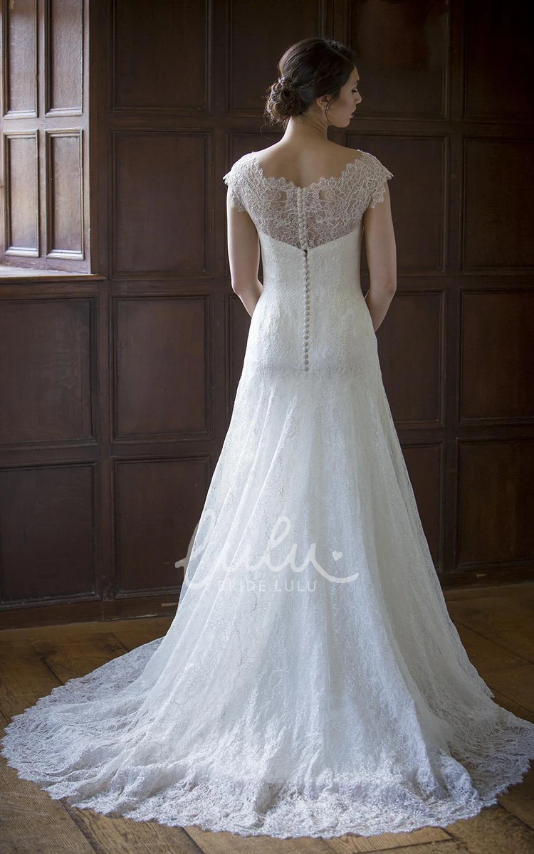 V-Neck Lace Wedding Dress with Cap-Sleeves in A-Line Silhouette