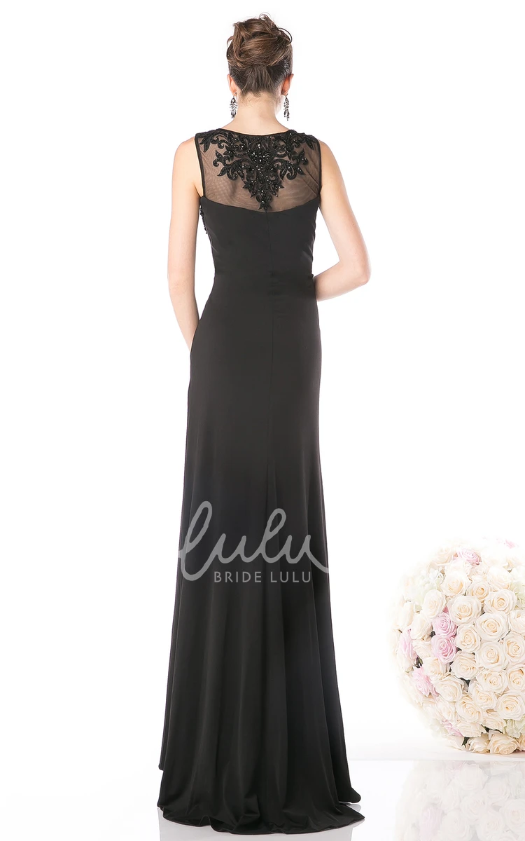 Chiffon Illusion Sheath Bridesmaid Dress with Beading and Ruching Long Scoop-Neck Sleeveless