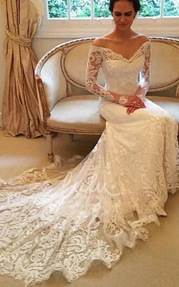 Mermaid Gorgeous Off-The-Shoulder Lace Boho Trumpet Wedding Dress Long Sleeves Glamorous Court Train Gown