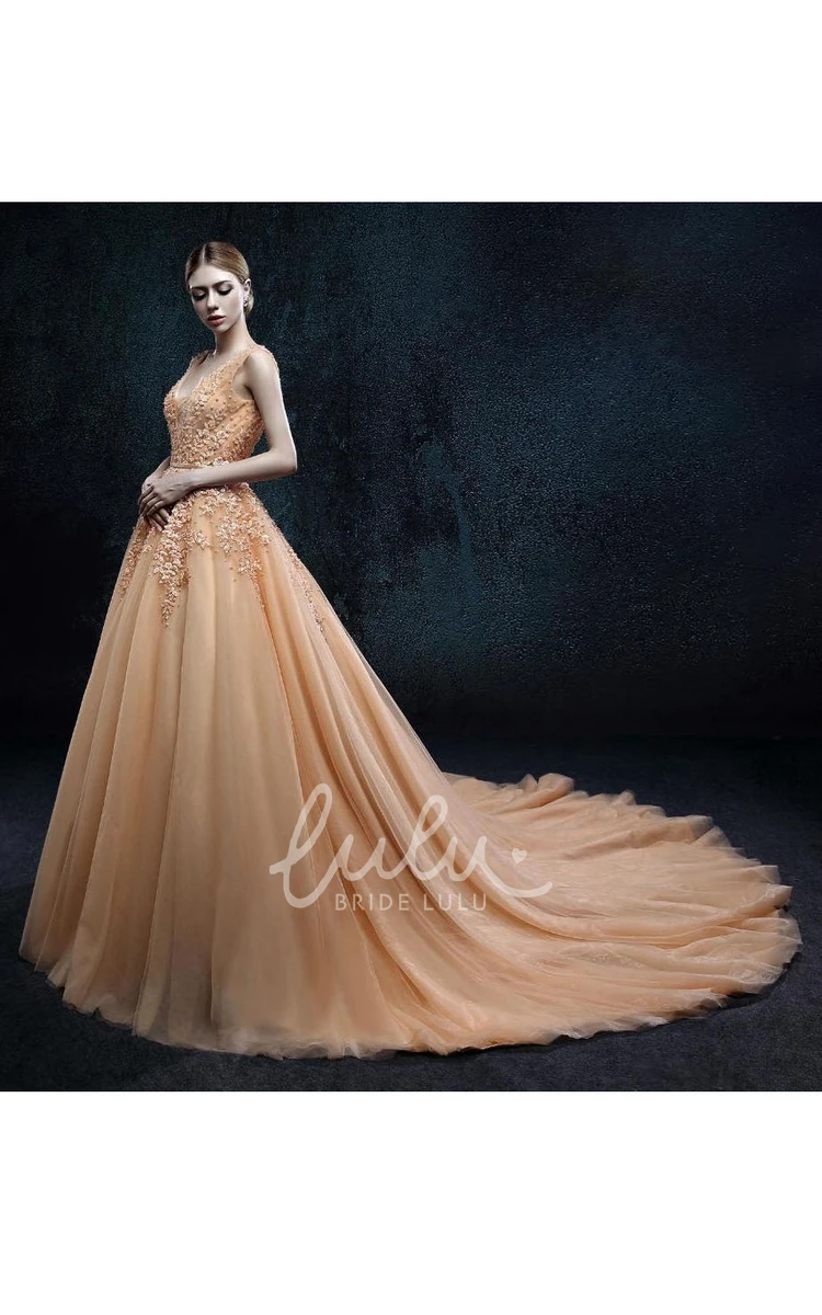 Sleeveless V-Neck Tulle Formal Dress with Backless Design