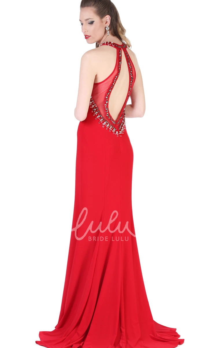 Sheath Beaded Sleeveless Jersey Evening Dress with Scoop-Neck Floor-Length