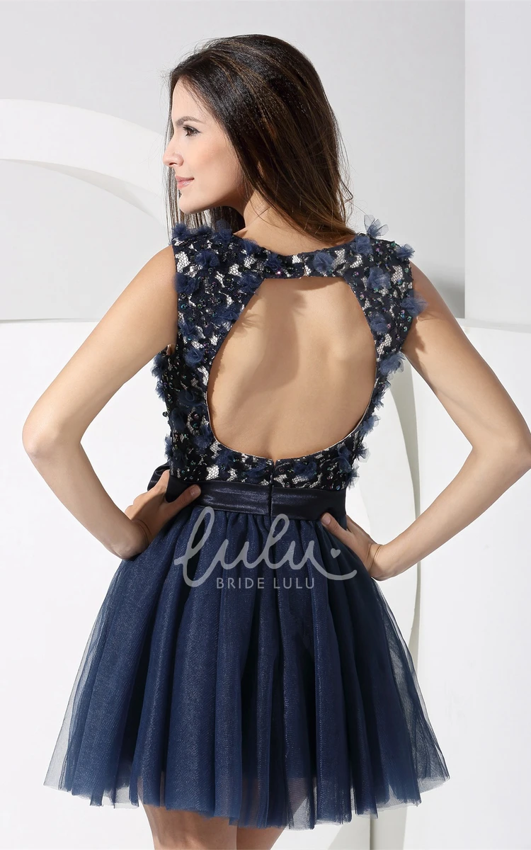 Unique Floral Short Boho Lace Appliques Navy Blue Homecoming Dress Gorgeous Cute Straps Sleeveless Open Back Mini Prom Dress