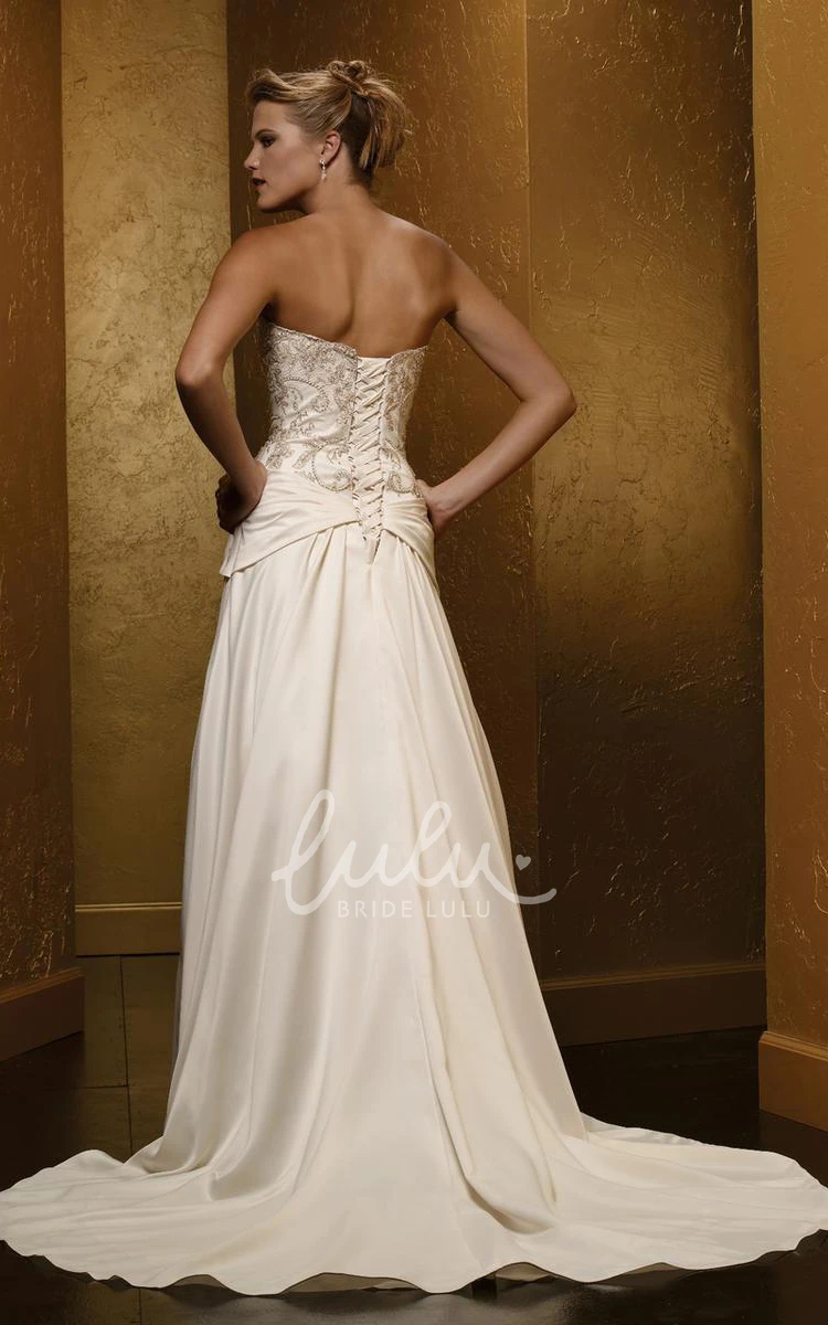 Satin A-Line Wedding Dress Beaded Strapless Floor-Length with Broach and Lace-Up Back