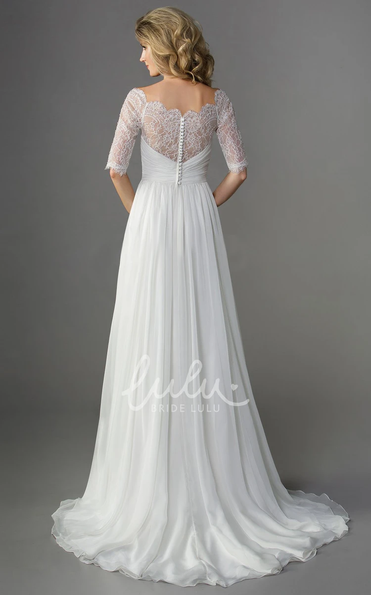 A-Line Chiffon Wedding Dress with Illusion Lace Half-Sleeved & Elegant