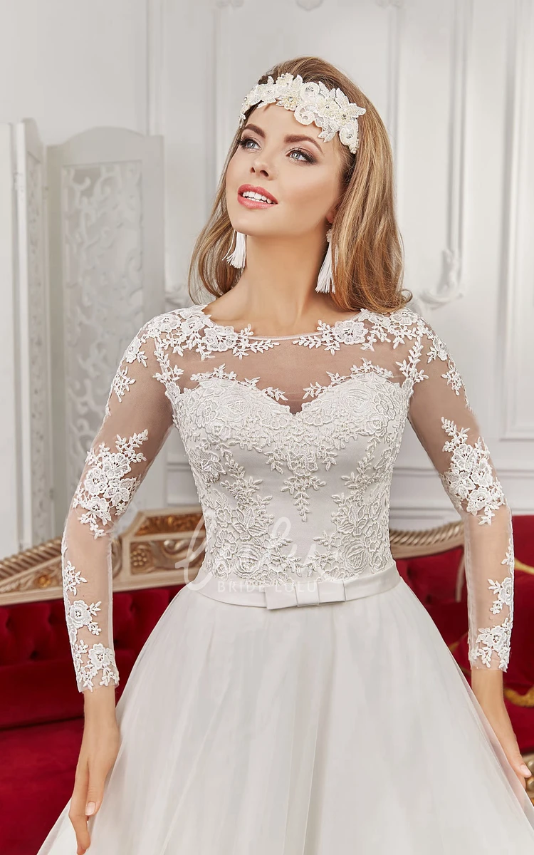 Illusion Back Bateau Floor-Length Long Sleeve Dress with Appliques and Bows Wedding Dress