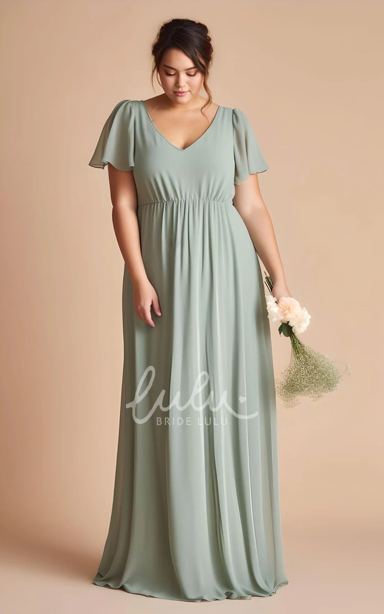 Modest Plus Size Sheath Bridesmaid Dress Short Sleeve V-neck Floor-length Elegant