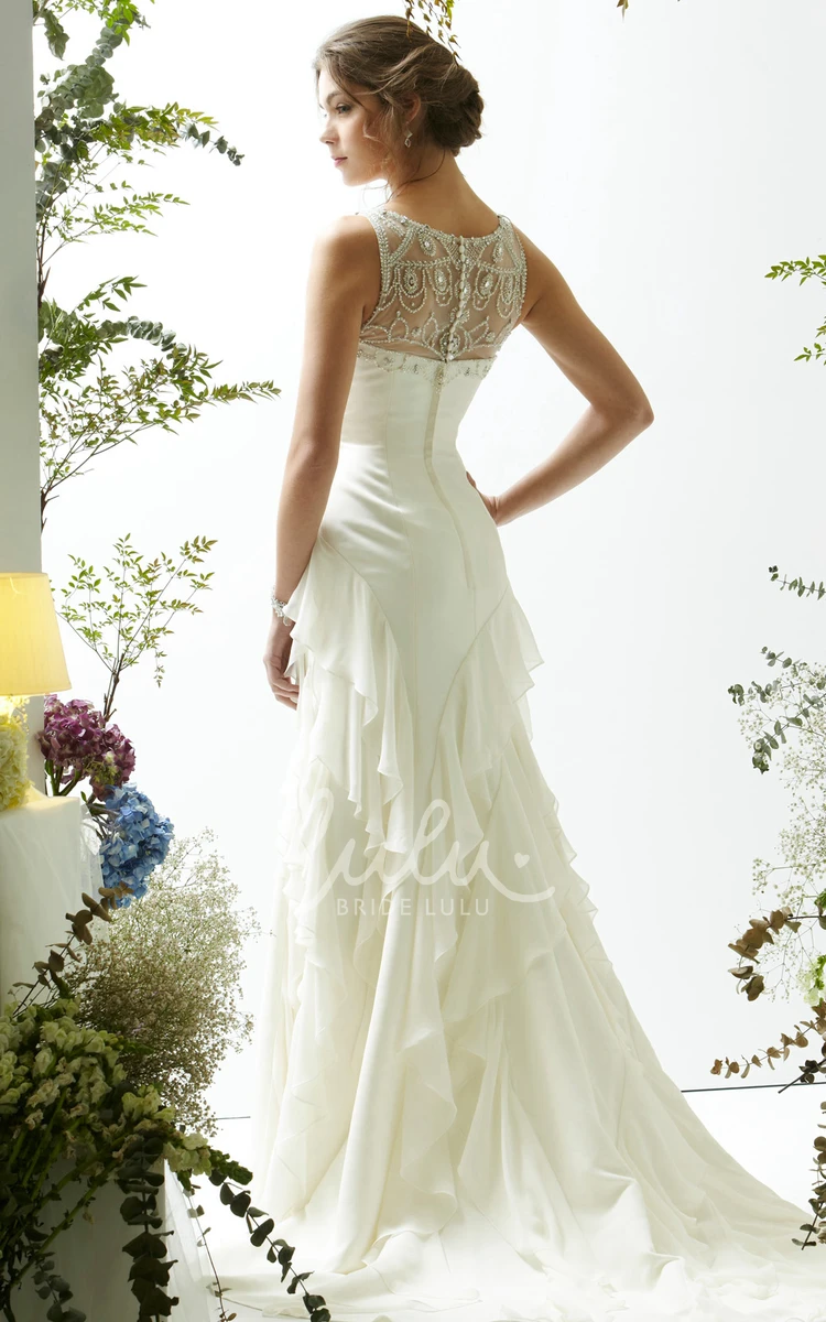 Cascading-Ruffle Satin&Chiffon Wedding Dress with Illusion Back Sheath Bridal Gown