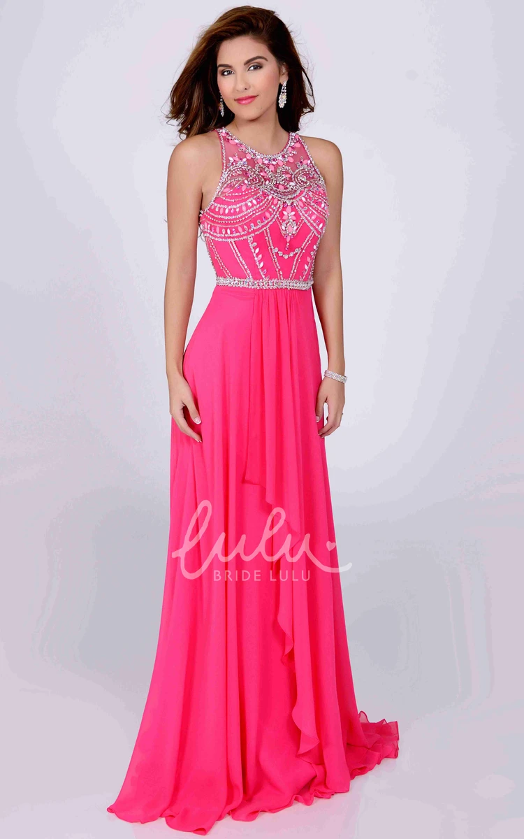 Sleeveless A-Line Chiffon Prom Dress with Jeweled Neckline and Front Draping