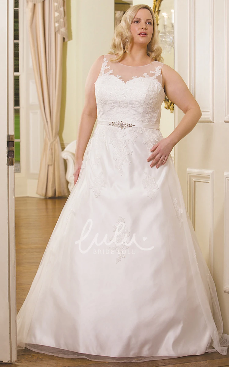 Plus Size A-Line Satin Wedding Dress with Appliques and Waist Jewelry