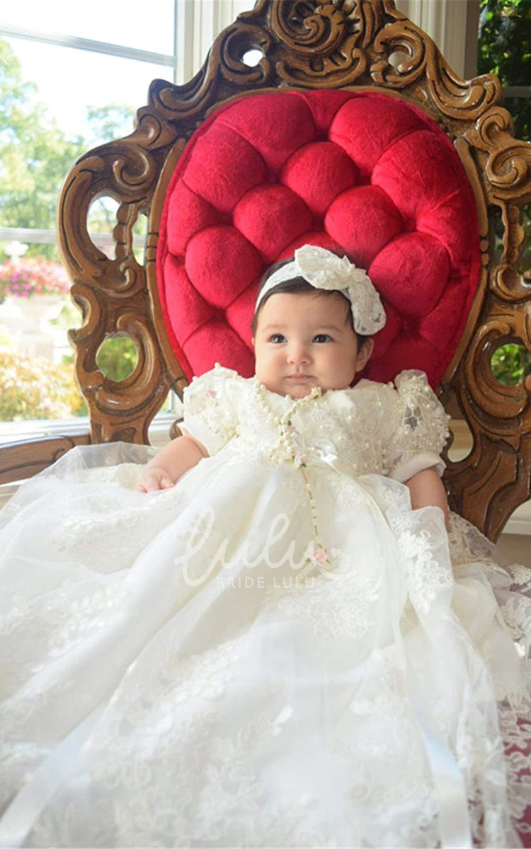 Lace Christening Gown with Beading and Bow Elegant Christening Dress