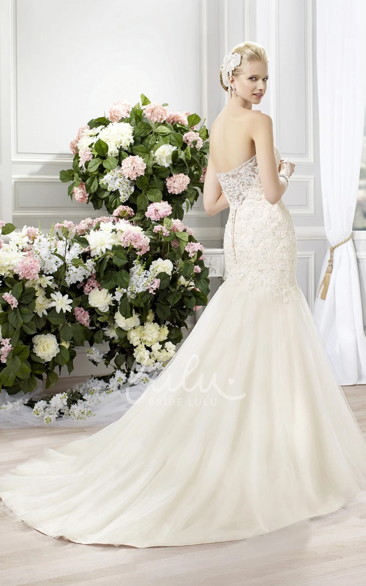 Trumpet Beaded Lace&Tulle Wedding Dress with Appliques and V Back Sweetheart Neckline Floor-Length