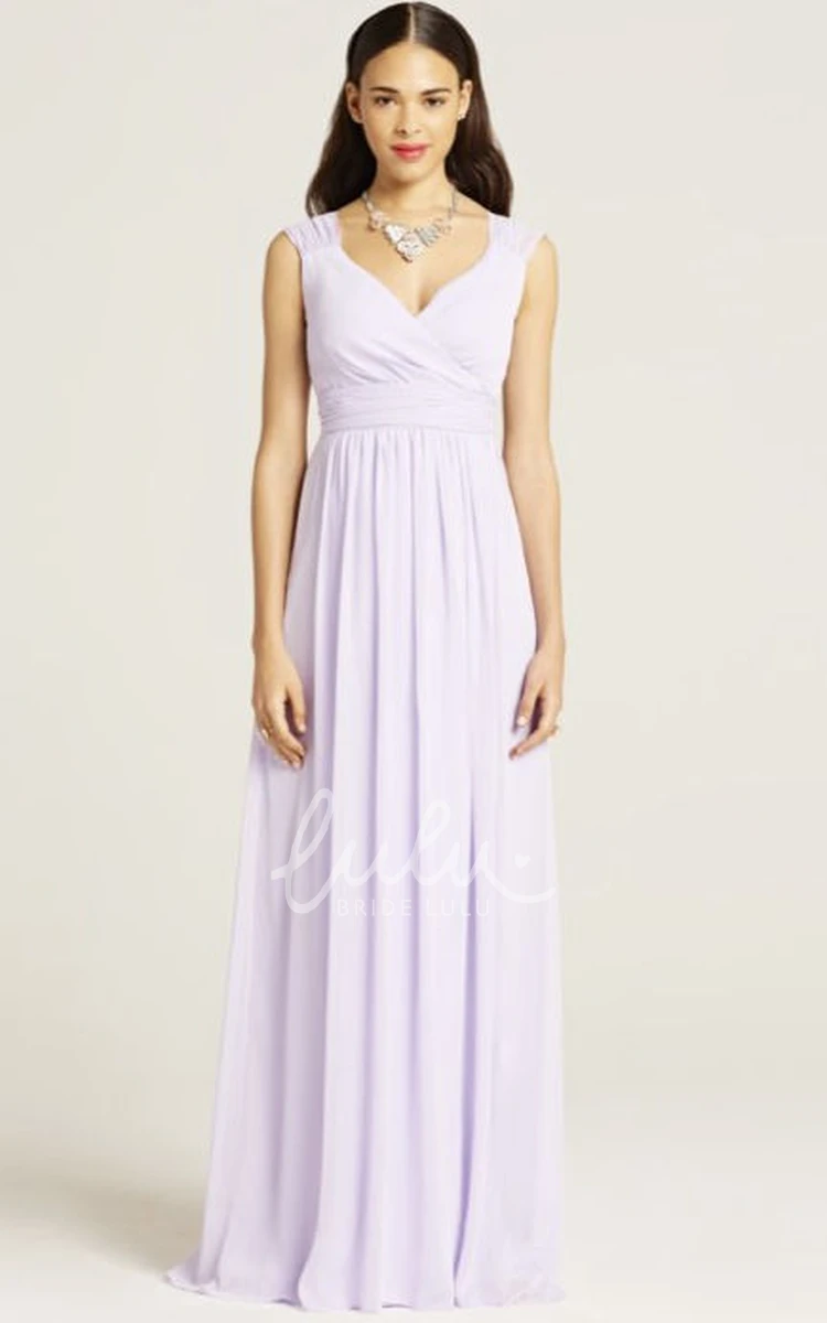 Ruched V-Neck Sleeveless Chiffon Bridesmaid Dress with Bow Floor-Length
