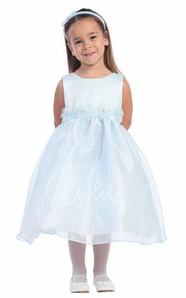 Sleeveless Tea-Length Organza and Satin Flower Girl Dress with Tiered Skirt Beautiful Bridesmaid Dress