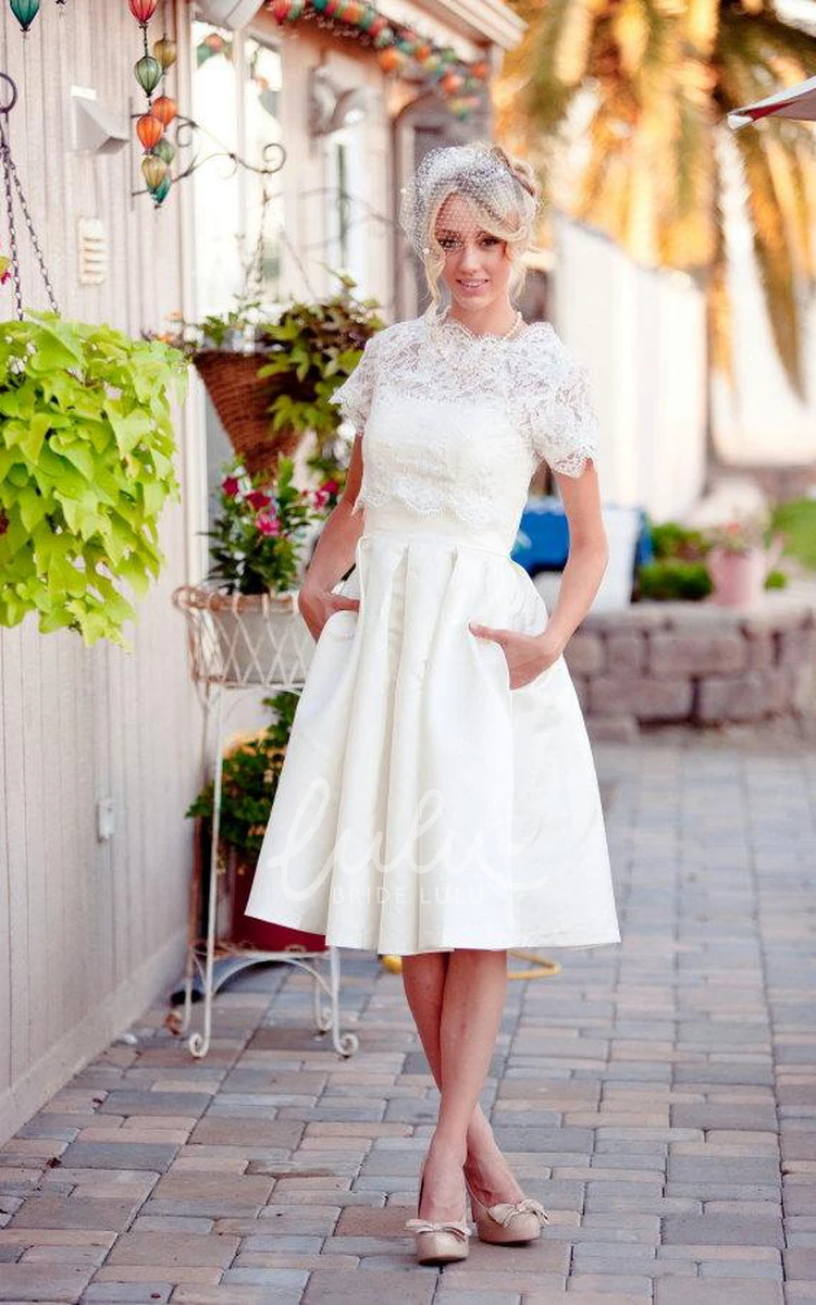 Lace Button Back Scalloped Sleeve Satin Wedding Dress