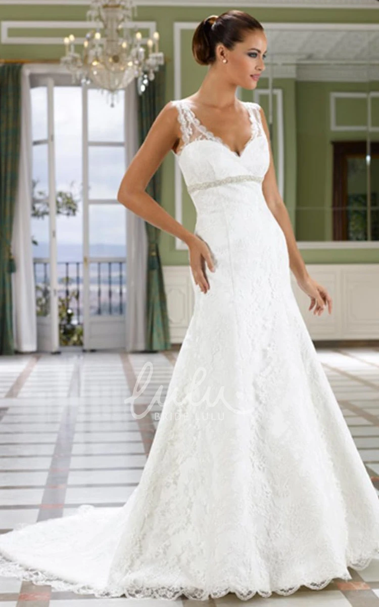 Sleeveless Jeweled Lace Wedding Dress with Court Train and Low-V Back A-Line