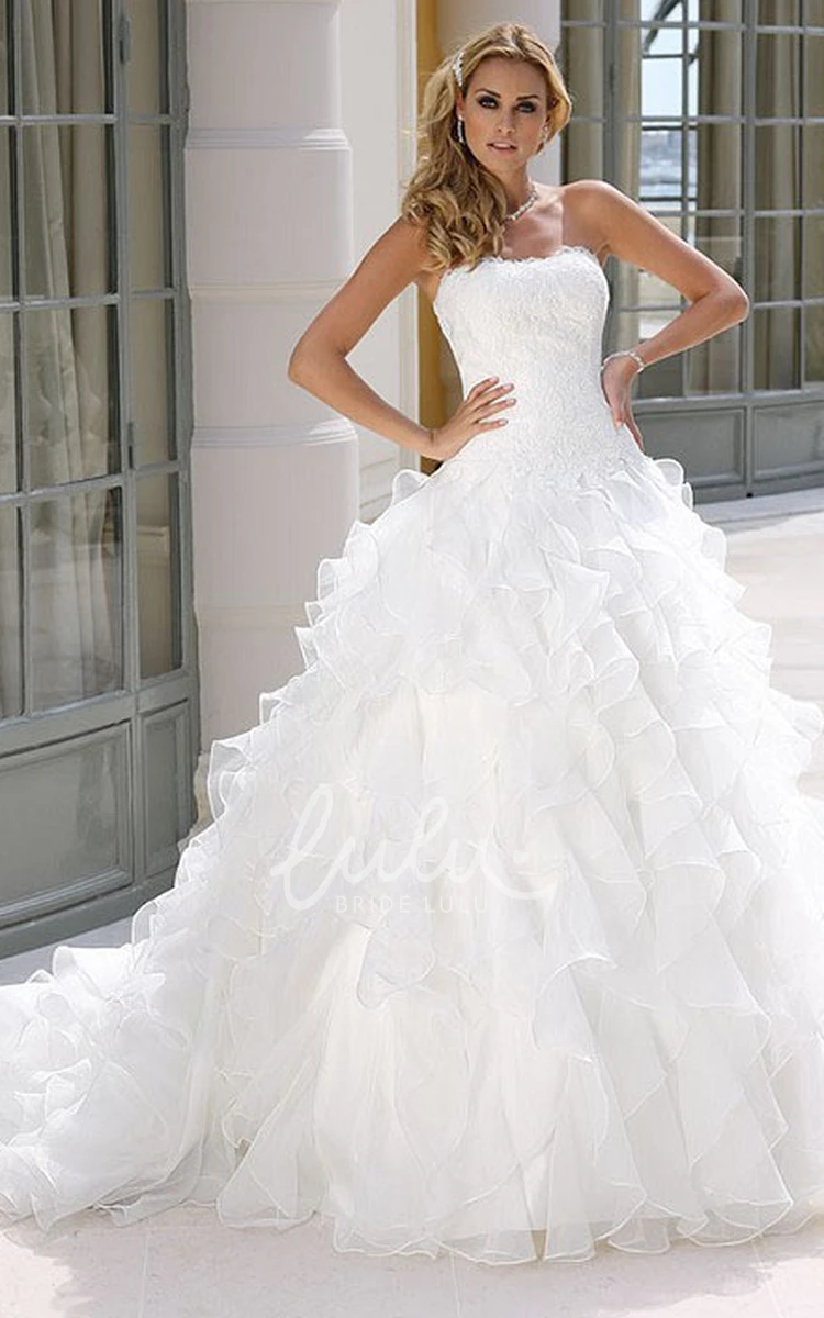 Cascading-Ruffle Organza Wedding Dress A-Line Ball-Gown with Appliques