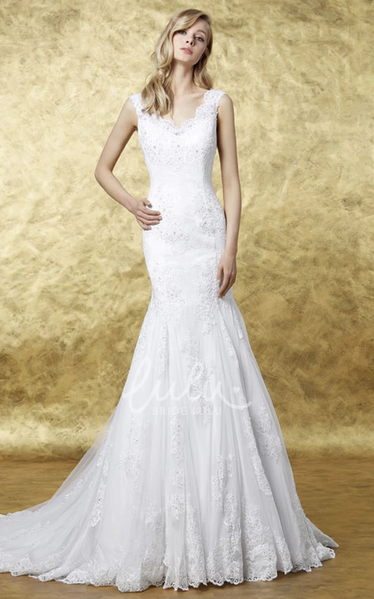 Sheath Lace Wedding Dress with Appliques V-Neck Sleeveless Long Low-V Back Pleats