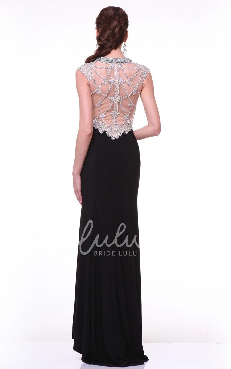 Jewel-Neck Jersey Illusion Prom Dress With Beading And Split Front Sheath