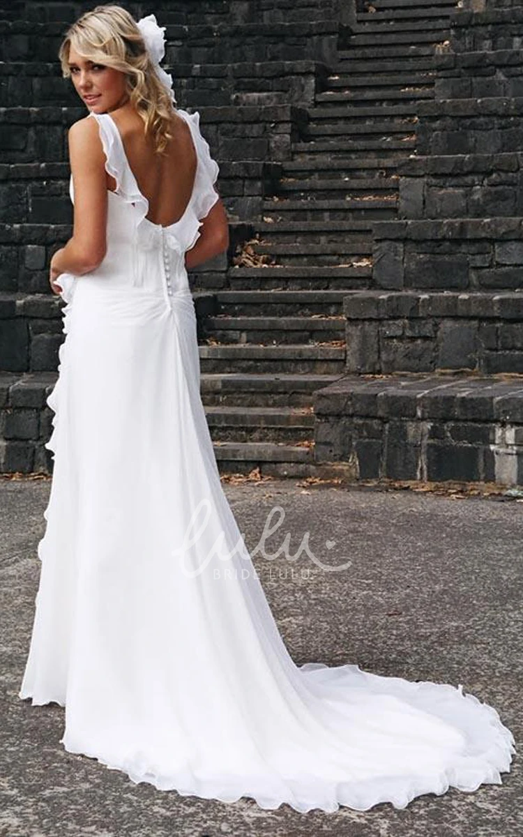 V-Neck Sheath Wedding Dress with Chiffon Fabric and Open Back Design